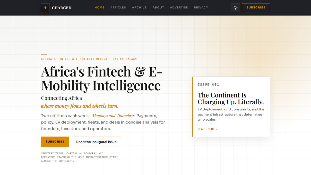 The ChargedAfrica publishing platform homepage, showing the article layout and newsletter subscription entry point