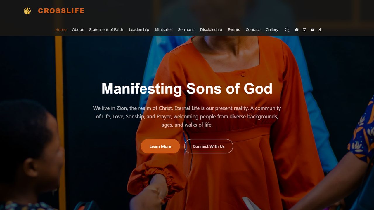 The CrossLife platform homepage, showing the main navigation across ministries, sermons, discipleship and events