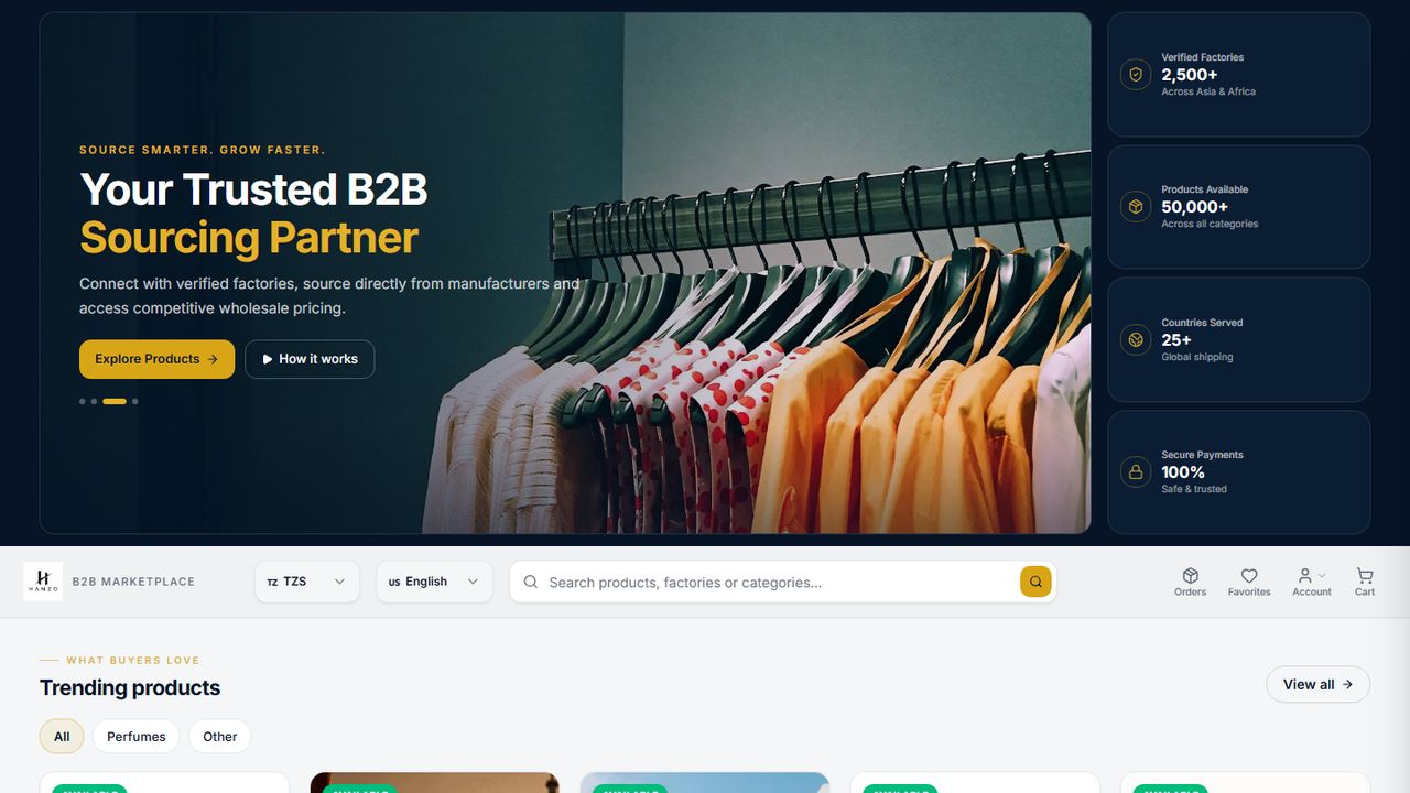 The HANZO B2B marketplace homepage, showing product search, currency and language selectors, and a trending-products catalogue