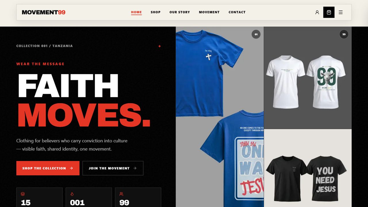 The Movement99 storefront homepage, showing the Collection 001 hero alongside apparel product photography and the shop navigation